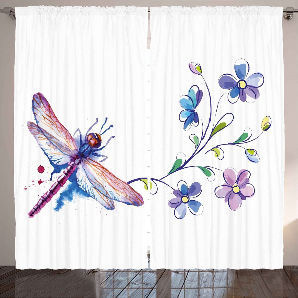 Ambesonne Dragonfly Curtains, Watercolor Bug Butterfly Like Moth Branch Ivy Flowers Lilies Art, Living Room Bedroom Window Drapes 2 Panel Set, 108" X 63", Green Purple and Blue
