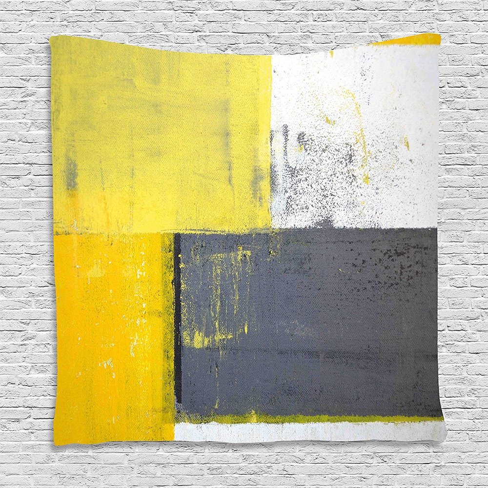Ambesonne Grey and Yellow Tapestry, Street Art Modern Grunge Abstract Design Squares, Wall Hanging for Bedroom Living Room Dorm Decor, 60" X 80", Charcoal Grey Yellow