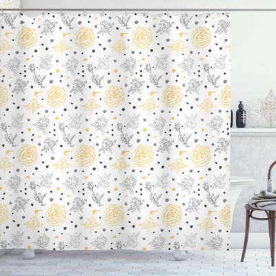 Ambesonne Grey and Yellow Shower Curtain, Grunge Sketchy Romantic Roses Leaves Cotton Flowers with Dots Image, Cloth Fabric Bathroom Decor Set with Hooks, 69" W x 70" L, Yellow Grey White