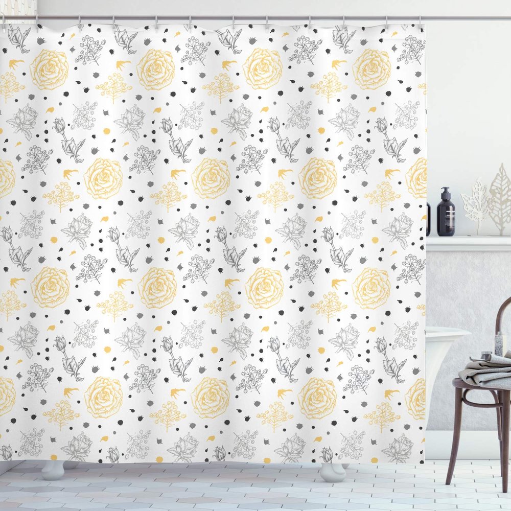 Ambesonne Grey and Yellow Shower Curtain, Grunge Sketchy Romantic Roses Leaves Cotton Flowers with Dots Image, Cloth Fabric Bathroom Decor Set with Hooks, 69" W x 70" L, Yellow Grey White