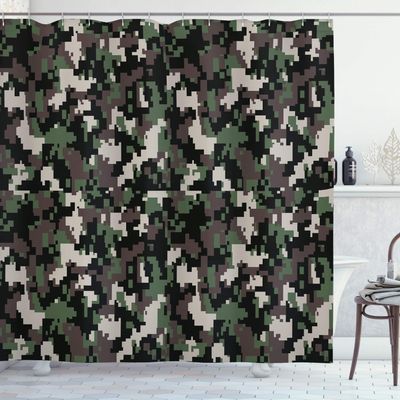 Ambesonne Camo Shower Curtain, Pixelated Pattern Digital Effect Modern Conceptual Camouflage Texture, Cloth Fabric Bathroom Decor Set with Hooks, 69" W x 75" L, Army Green Beige Brown