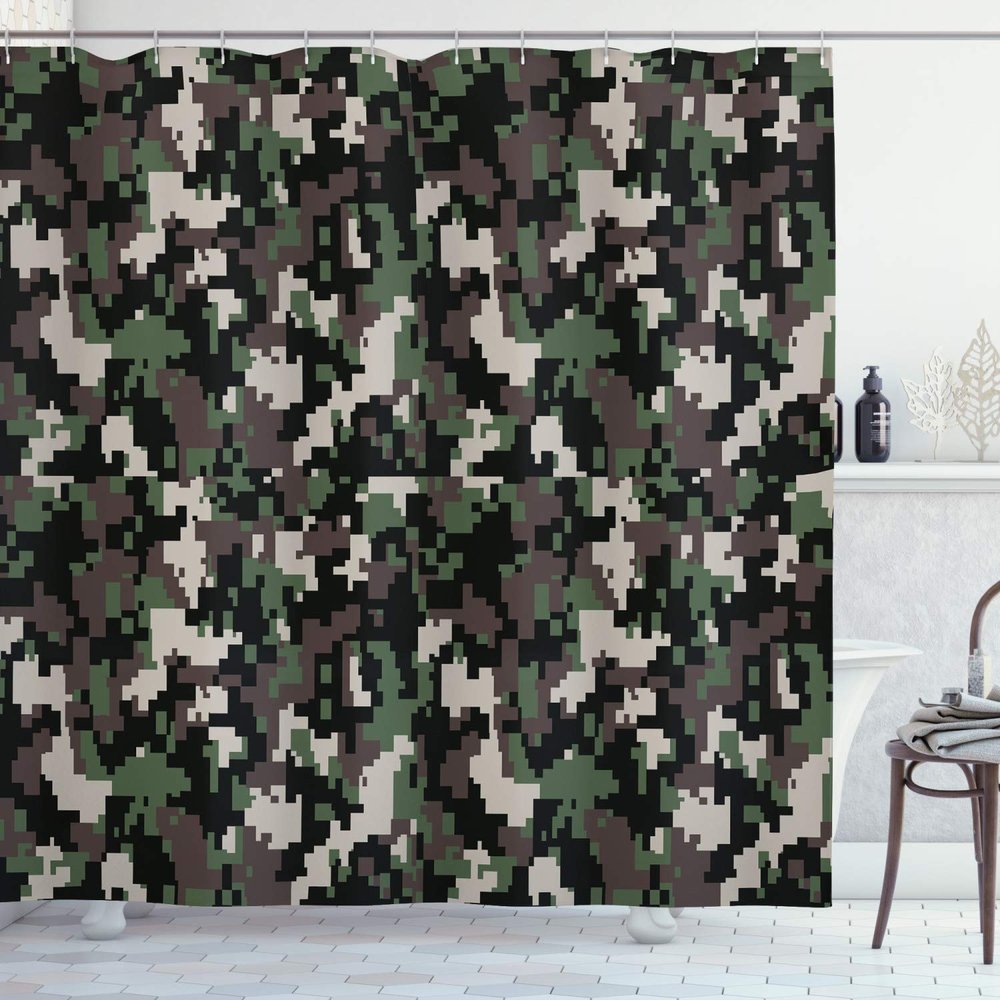 Ambesonne Camo Shower Curtain, Pixelated Pattern Digital Effect Modern Conceptual Camouflage Texture, Cloth Fabric Bathroom Decor Set with Hooks, 69" W x 75" L, Army Green Beige Brown