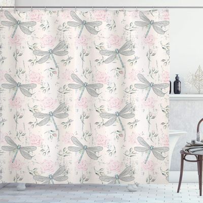 Ambesonne Dragonfly Shower Curtain, Shabby Form Roses Worn Old Vintage Backdrop with Moth Bugs Print, Cloth Fabric Bathroom Decor Set with Hooks, 69" W x 84" L, Pale Pink Pale Grey