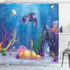 Ambesonne Turtle Shower Curtain, Underwater World Style Illustration Funny Fish Jellyfish Sea Horse, Cloth Fabric Bathroom Decor Set with Hooks, 69" W x 84" L, Purple Orange Aqua view 1