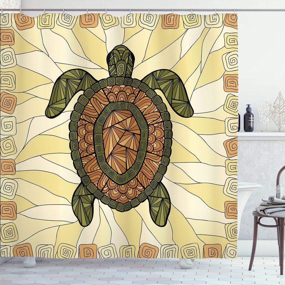 Ambesonne Turtle Shower Curtain, Turtle Zentangle on Yellow Background Spiral Forms Bohemian Art, Cloth Fabric Bathroom Decor Set with Hooks, 69" W x 75" L, Yellow Green Brown