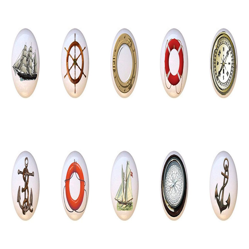 SET OF 10 KNOBS - Anchor Compass Life Preserver Porthole Ship Wheel Helm - Nautical - DECORATIVE Glossy CERAMIC Cupboard Cabinet PULLS Dresser Drawer KNOBS