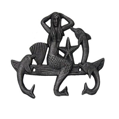 Hampton Nautical Cast Iron Mermaid with Dolphin Hooks, 9", Rustic Silver