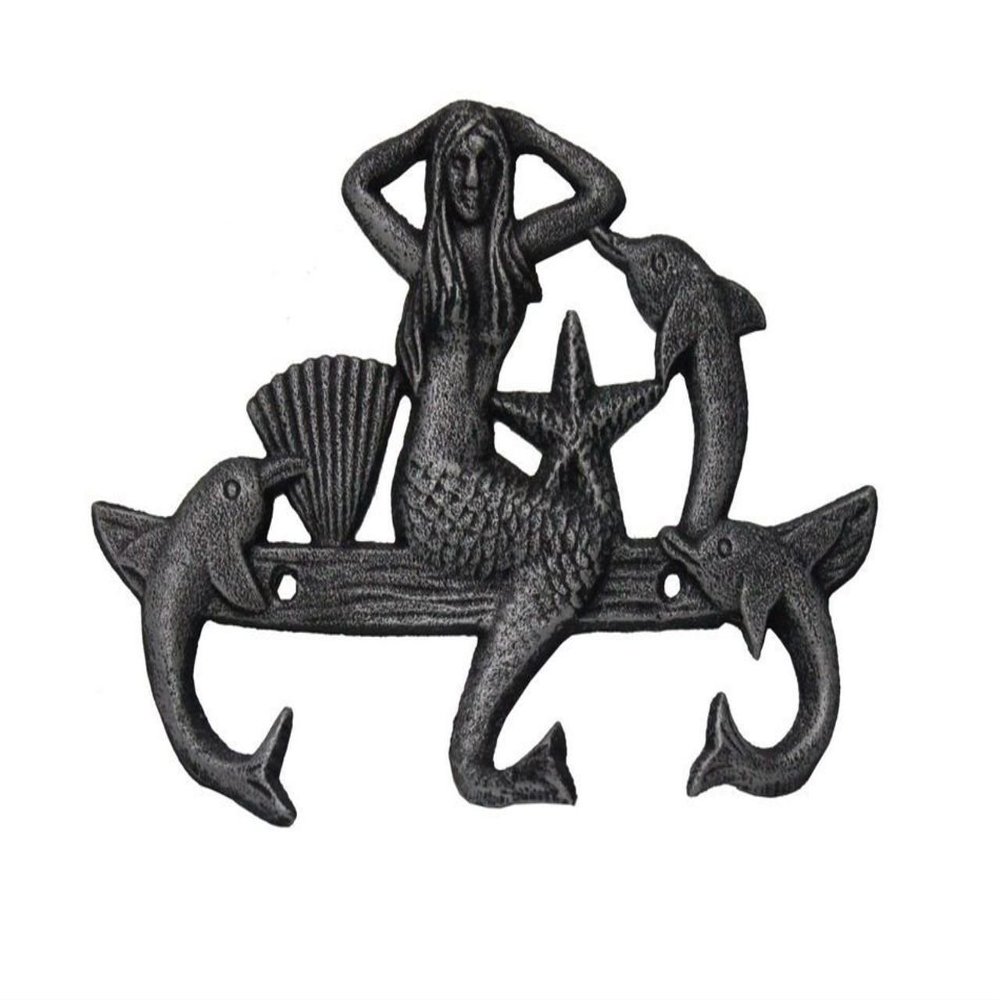 Hampton Nautical Cast Iron Mermaid with Dolphin Hooks, 9", Rustic Silver