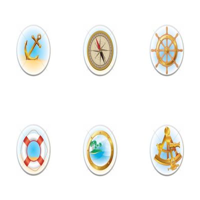 Set of 6 KNOBS - Anchor Compass Ship Wheel Helm Life Preserver Porthole Sextant - Nautical Elements - Decorative Glossy Ceramic Cupboard Cabinet PULLS Dresser Drawer KNOBS