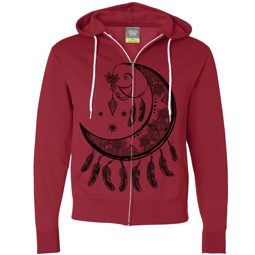 Crescent Moon Dreamcatcher Black Zip-Up Hoodie - Red Small