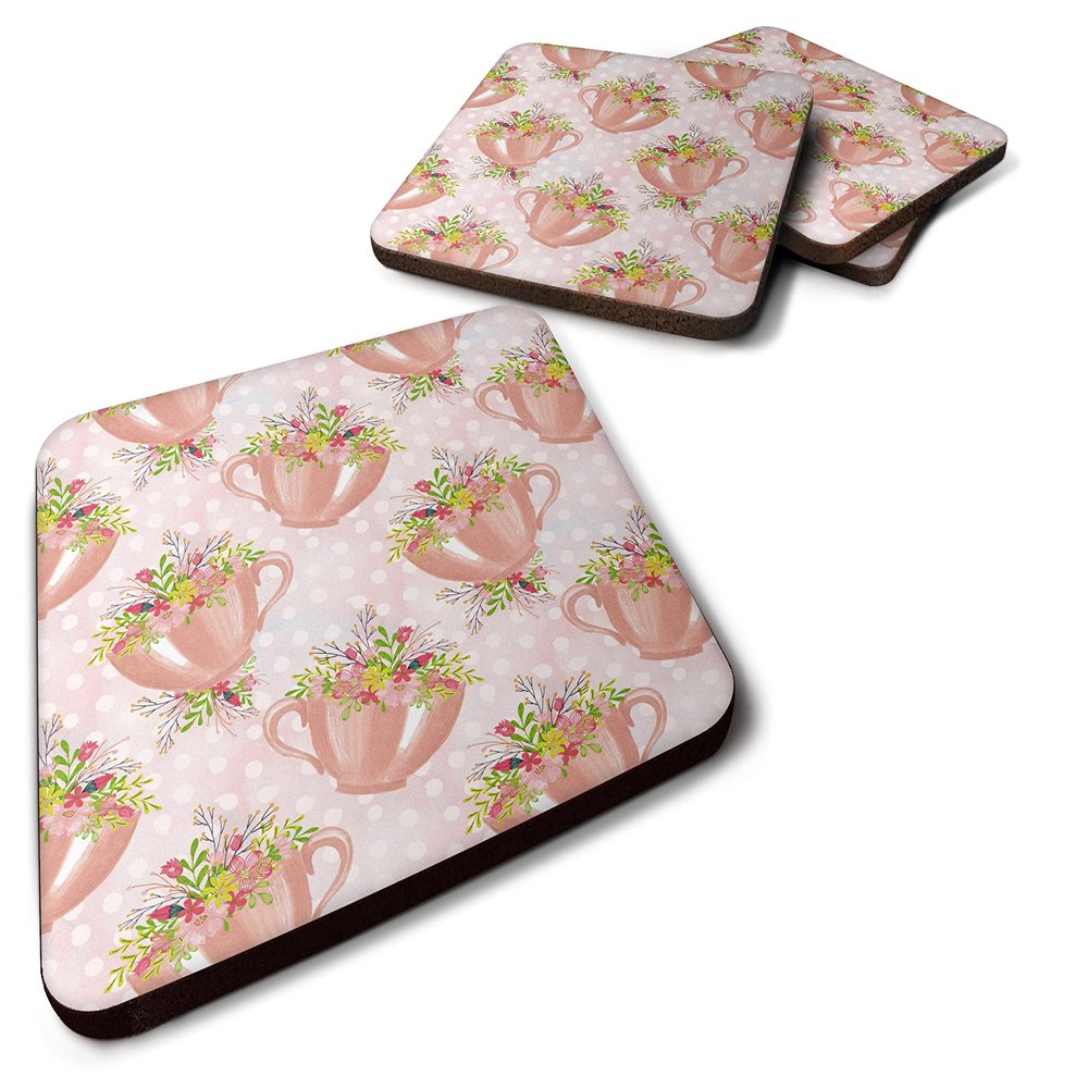 Caroline's Treasures BB7481FC Tea Cup and Flowers Pink Foam Coaster Set of 4 Set of 4 Cup Coasters for Indoor Outdoor, Tabletop Protection, Anti Slip, Mouse pad Material