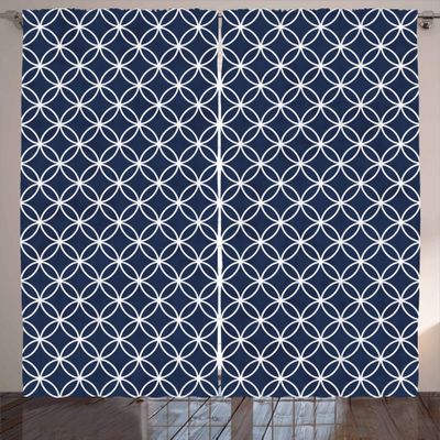 Ambesonne Indigo Curtains, Trellis Inspired Pattern Quatrefoil Circles Moroccan Style Tile Theme Image, Living Room Bedroom Window Drapes 2 Panel Set, 108" X 63", Indigo and White