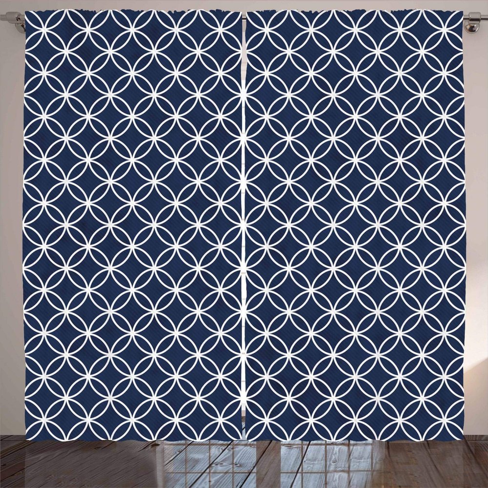 Ambesonne Indigo Curtains, Trellis Inspired Pattern Quatrefoil Circles Moroccan Style Tile Theme Image, Living Room Bedroom Window Drapes 2 Panel Set, 108" X 63", Indigo and White