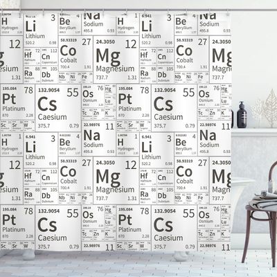 Ambesonne Periodic Table Shower Curtain, Life Smart Inspired Chemistry Themed Elements in Squares Print, Cloth Fabric Bathroom Decor Set with Hooks, 69" W x 75" L, Dark Grey and White