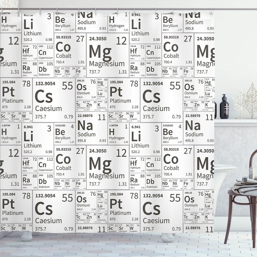 Ambesonne Periodic Table Shower Curtain, Life Smart Inspired Chemistry Themed Elements in Squares Print, Cloth Fabric Bathroom Decor Set with Hooks, 69" W x 75" L, Dark Grey and White