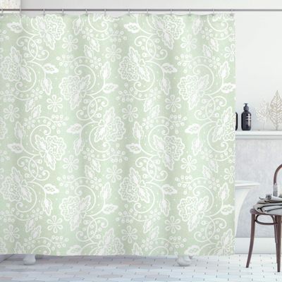 Ambesonne Mint Shower Curtain, Floral Pattern with Flourishing Blossom Bouquets and Flower Leaf Illustration, Cloth Fabric Bathroom Decor Set with Hooks, 69" W x 75" L, Green White