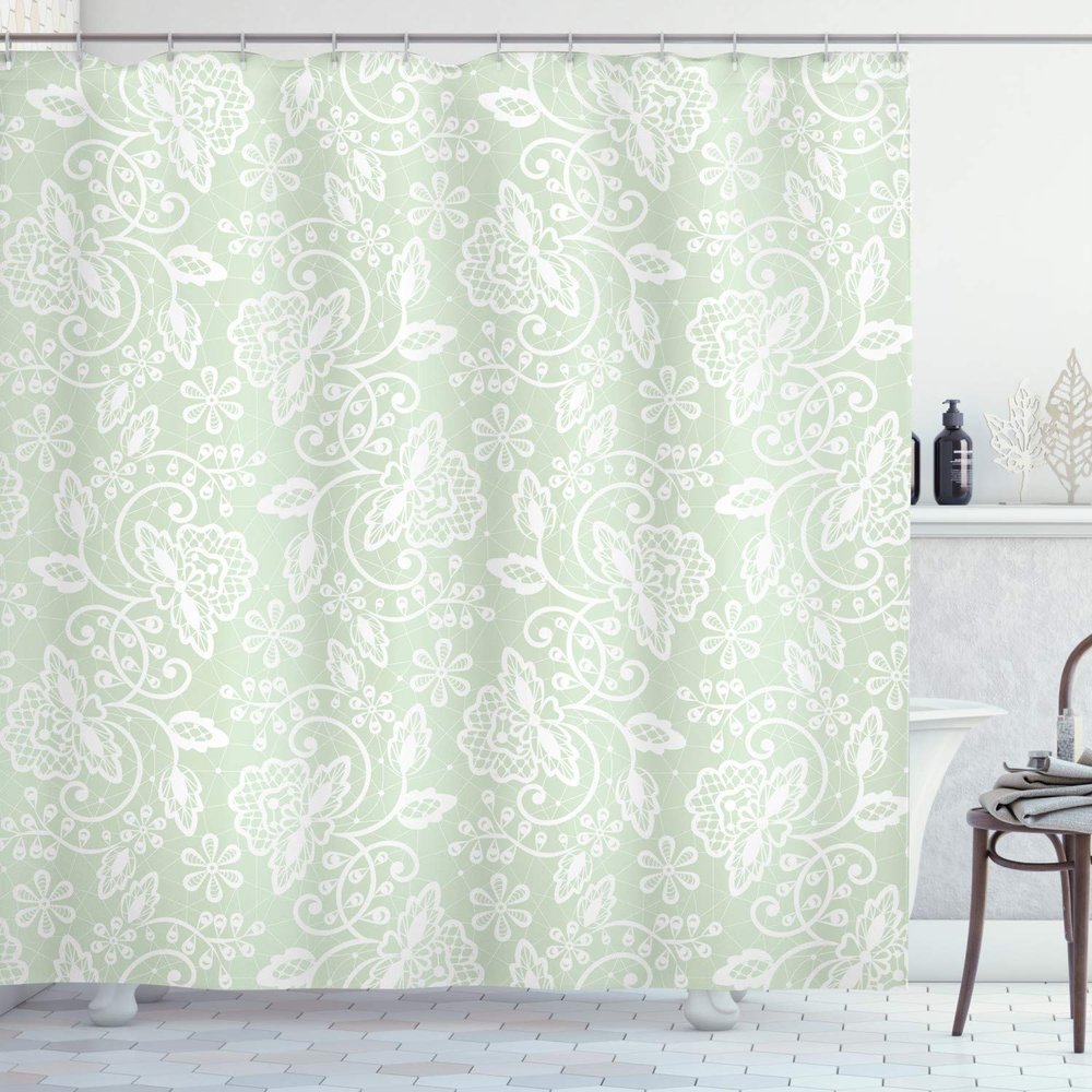 Ambesonne Mint Shower Curtain, Floral Pattern with Flourishing Blossom Bouquets and Flower Leaf Illustration, Cloth Fabric Bathroom Decor Set with Hooks, 69" W x 75" L, Green White