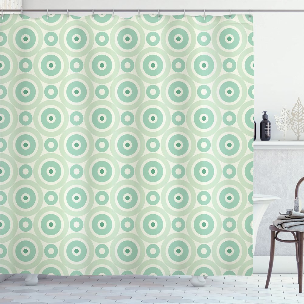 Ambesonne Mint Shower Curtain, Retro Disc Shaped Inner Circles with Nostalgic Featured Geometric Graphic, Cloth Fabric Bathroom Decor Set with Hooks, 69" W x 84" L, Seafoam Almond Green