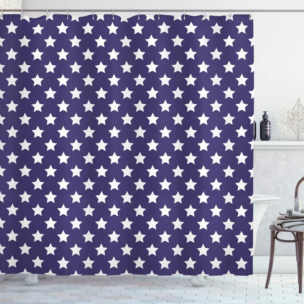 Ambesonne Navy Shower Curtain, Bunch of Star USA American Flag Proud National Graphic Design, Cloth Fabric Bathroom Decor Set with Hooks, 69" W x 84" L, Purple White