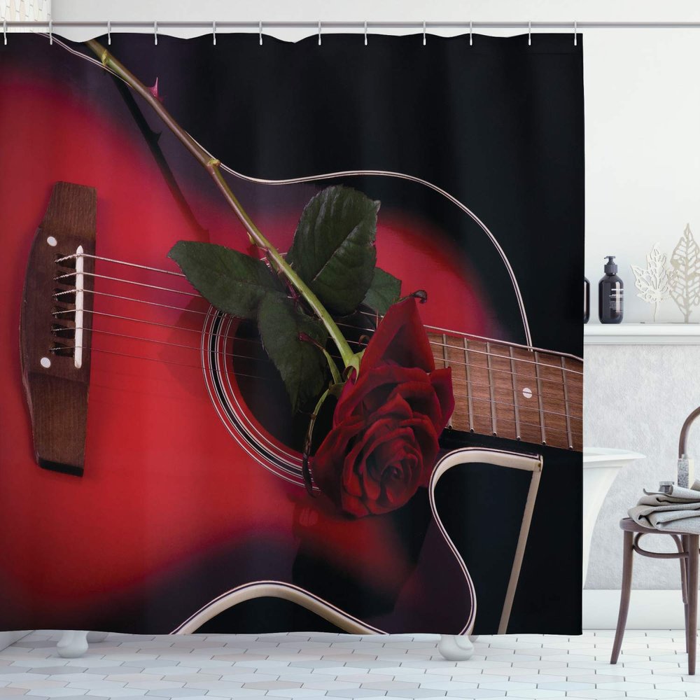 Ambesonne Abstract Shower Curtain, Spanish Musician Portugal Hand Made Guitar with Romance Theme Love Rose, Cloth Fabric Bathroom Decor Set with Hooks, 69" W x 84" L, White Ruby