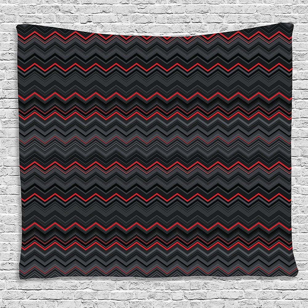 Ambesonne Abstract Tapestry, Horizontal Zigzag Chevron Design with Bold Thin Print, Wide Wall Hanging for Bedroom Living Room Dorm, 80" X 60", Charcoal Grey Pale Grey