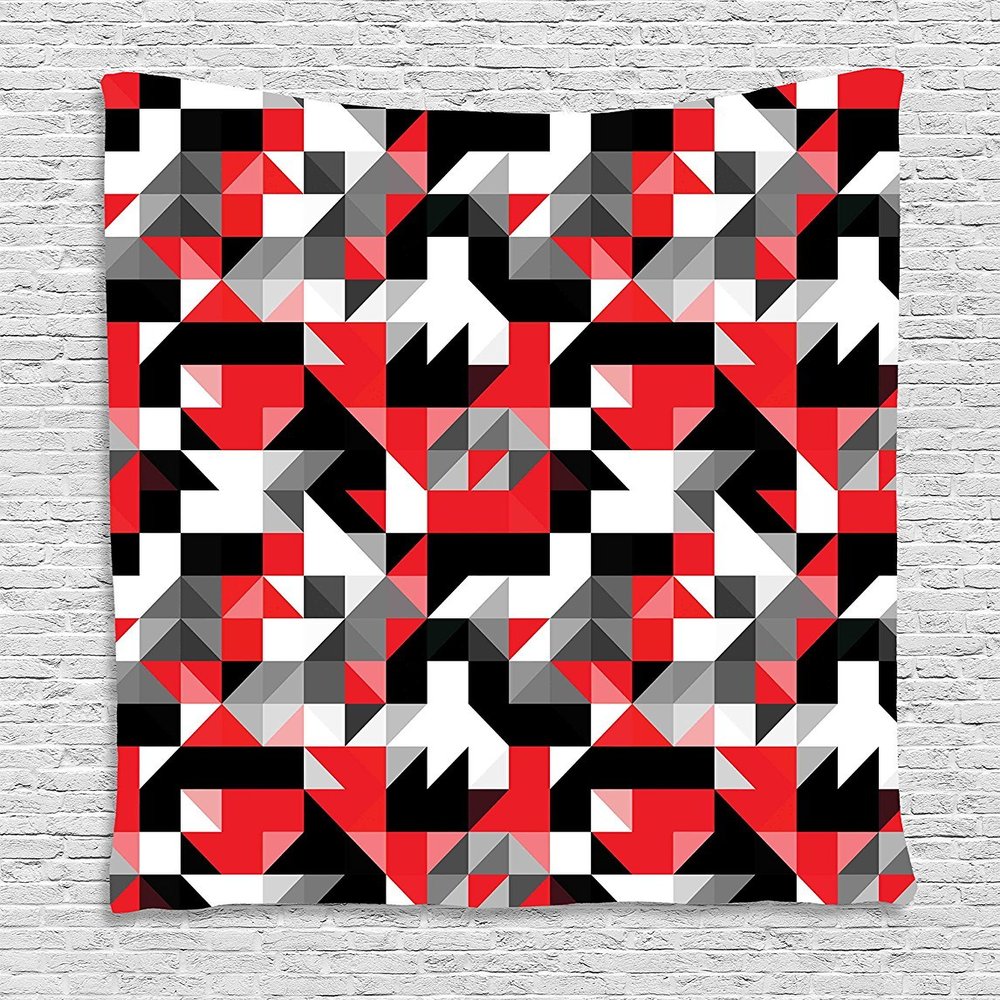 Ambesonne Abstract Tapestry, Abstract Geometric Half Triangles Squares Maze Inspired Image, Wall Hanging for Bedroom Living Room Dorm Decor, 60" X 80", Charcoal Vermilion