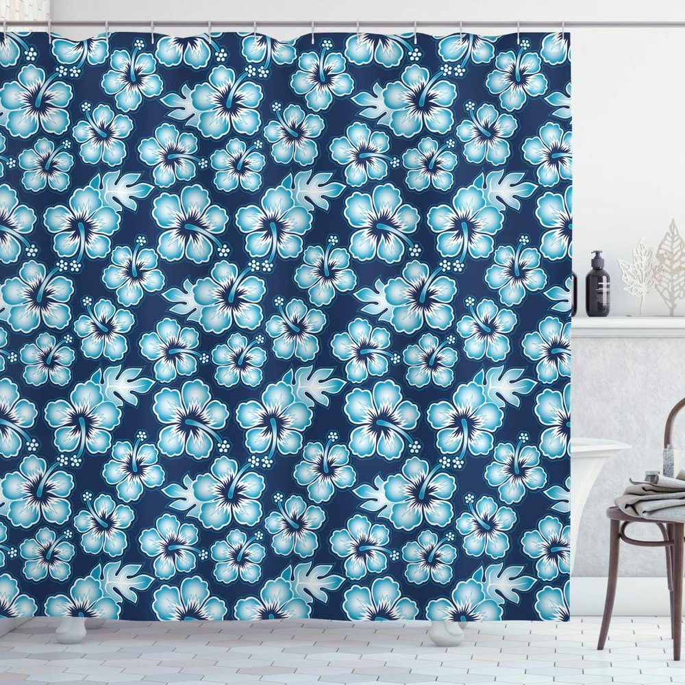 Ambesonne Aloha Shower Curtain, Hibiscus Hawaiian Tropical Island Flowers Petals and Buds Leaves Art Print, Cloth Fabric Bathroom Decor Set with Hooks, 69" W x 75" L, Dark Blue Sky Blue