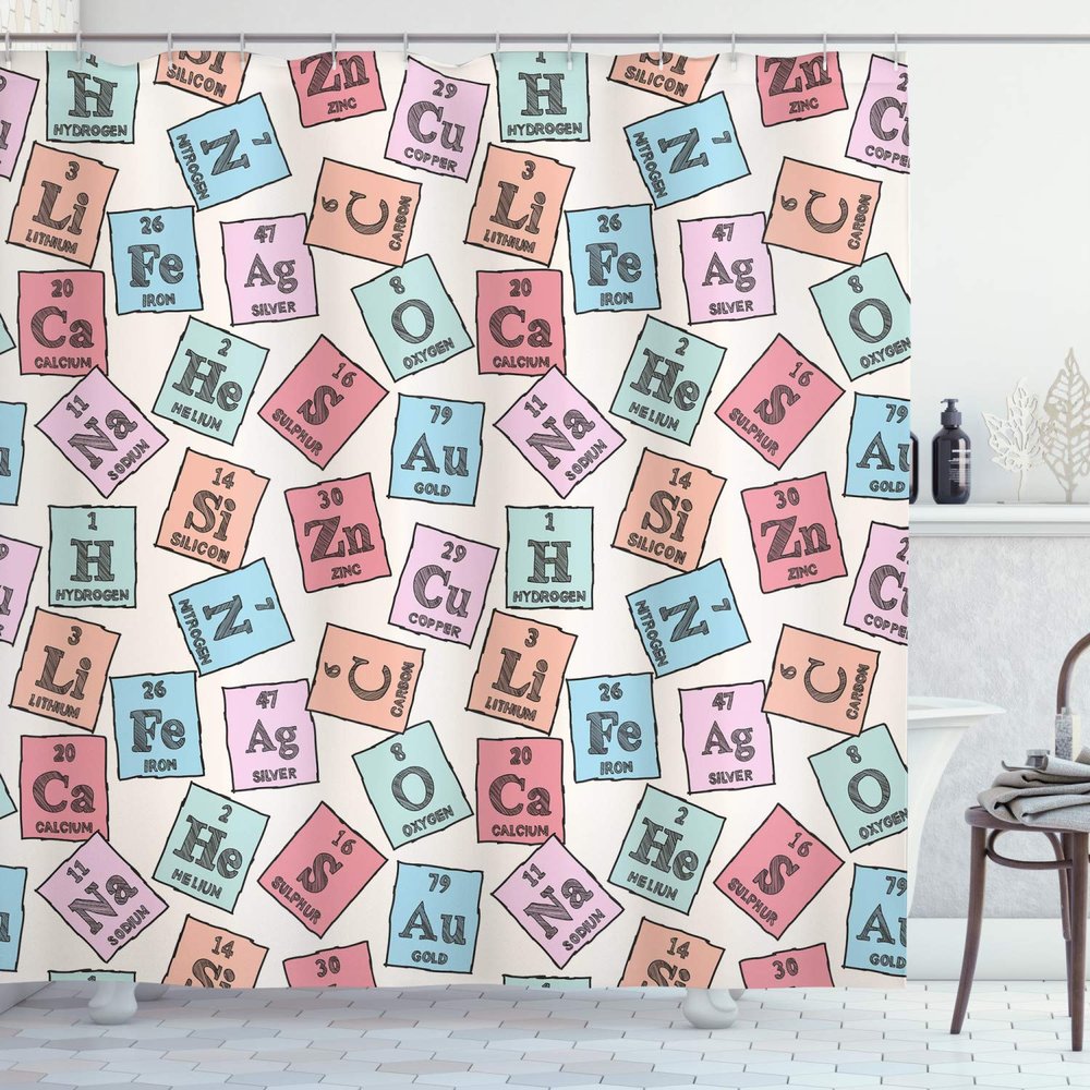 Ambesonne Periodic Table Shower Curtain, Sketch Style Chemistry Elements Science Camp Art Print, Cloth Fabric Bathroom Decor Set with Hooks, 69" W x 75" L, Pale Pink Blue and Green