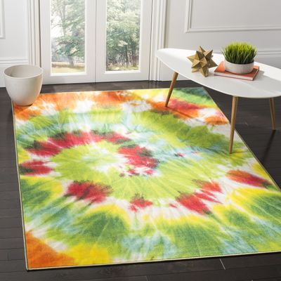 SAFAVIEH Washable Rug Paint Brush Collection - 3'3" x 5'3", Green & Orange, Slip Resistant & Easy to Clean, Ideal for Living Room, Bedroom, Nursery, Kids Playroom, Dining Space (PTB125D)