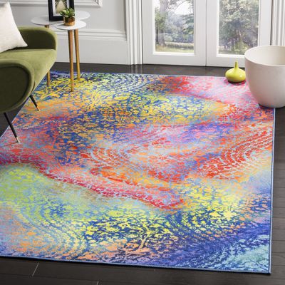 SAFAVIEH Washable Rug Paint Brush Collection - 3'3" x 5'3", Blue & Coral, Slip Resistant & Easy to Clean, Ideal for Living Room, Bedroom, Nursery, Kids Playroom, Dining Space (PTB119B)