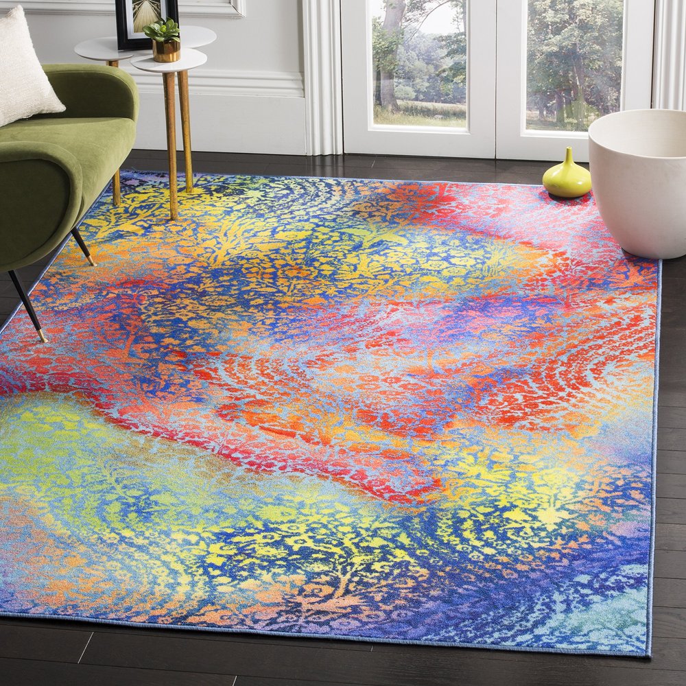 SAFAVIEH Washable Rug Paint Brush Collection - 3'3" x 5'3", Blue & Coral, Slip Resistant & Easy to Clean, Ideal for Living Room, Bedroom, Nursery, Kids Playroom, Dining Space (PTB119B)