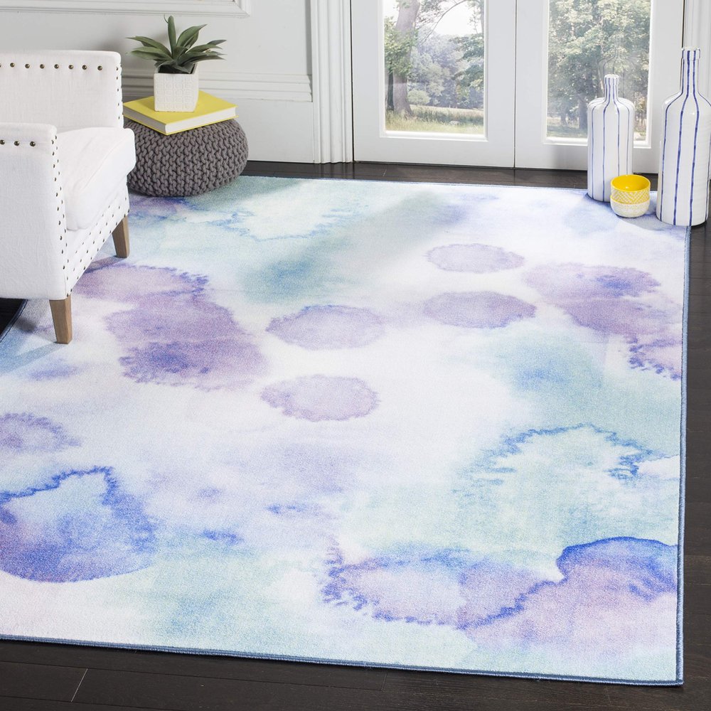 SAFAVIEH Washable Rug Paint Brush Collection - 7'9" x 10', Blue & Lavender, Slip Resistant & Easy to Clean, Ideal for Living Room, Bedroom, Nursery, Kids Playroom, Dining Space (PTB120C)