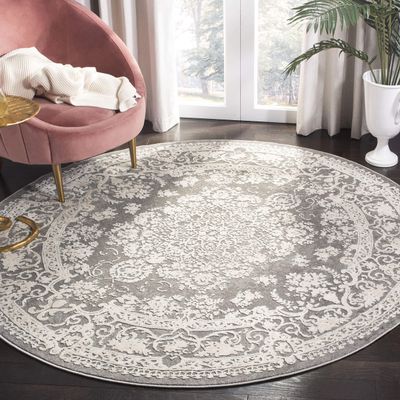 SAFAVIEH Reflection Collection Area Rug - 6'7" Round, Dark Grey & Cream, Non-Shedding & Easy Cleaning, Ideal for Living Room, Bedroom (RFT664B)