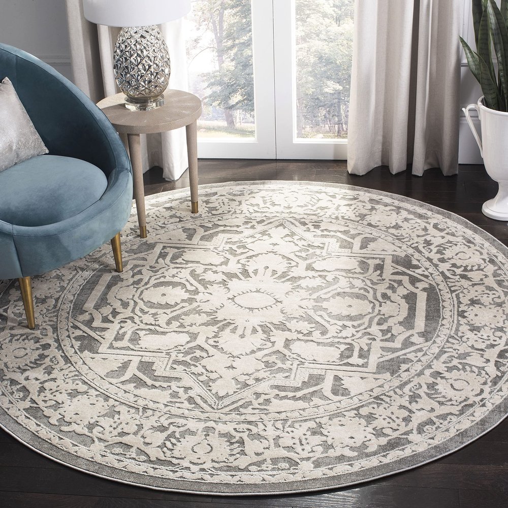 SAFAVIEH Reflection Collection Area Rug - 6'7" Round, Dark Grey & Cream, Non-Shedding & Easy Cleaning, Ideal for Living Room, Bedroom (RFT665B)