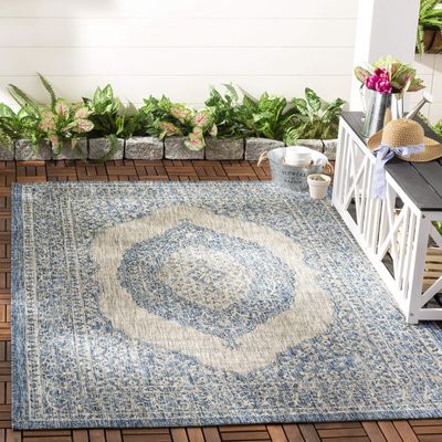 SAFAVIEH Washable Rug Outdoor Courtyard Collection - 8' x 11', Light Grey & Blue, Non-Shedding & Easy Cleaning, Ideal for Patio, Backyard, Mudroom (CY8751-36812)