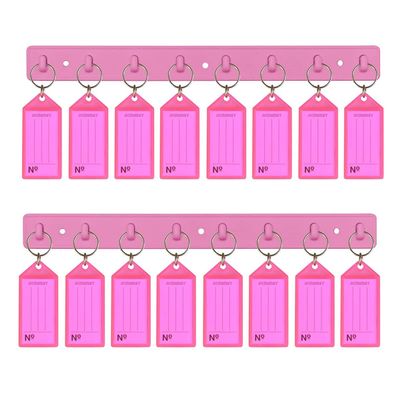 Acrimet Key Tag Rack w/ 8 Keyring Tags (Self-Adhesive Key Storage Rack) (2 Pack) (Pink with Clear Pink Color)