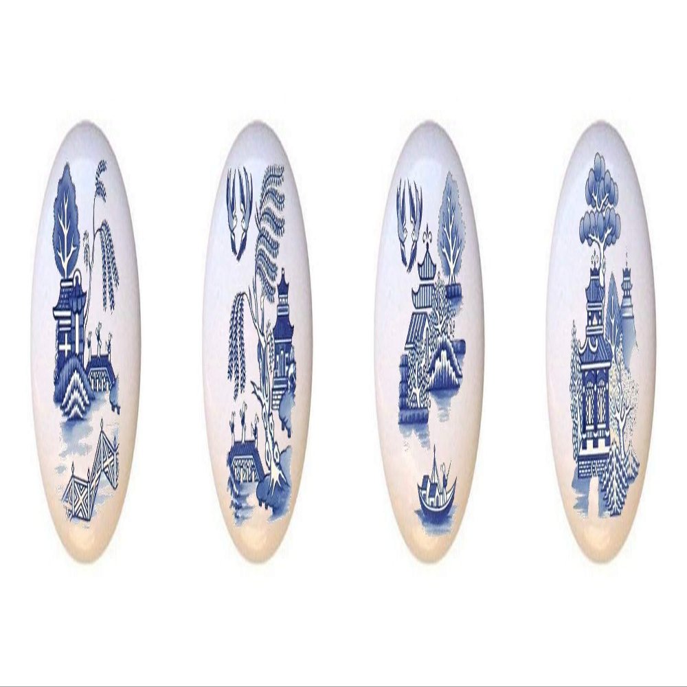 Set of 4 KNOBS - Vintage-Look Blue Willow - Decorative Glossy Ceramic Cupboard Cabinet PULLS Dresser Drawer KNOBS