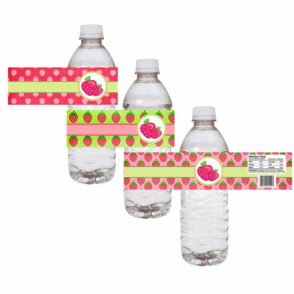 Adore By Nat Strawberry Party Water Bottle Labels Children Girl Birthday Baby Shower Drink Stickers - Set of 12