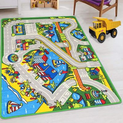 HR Kids Carpet Play Mat: City Life, Perfect for Playing with Cars and Toys on Harbor Map Streets - Non-Slip Rug in Blue, Yellow, and Multi Colors, Ideal for Imaginative Play