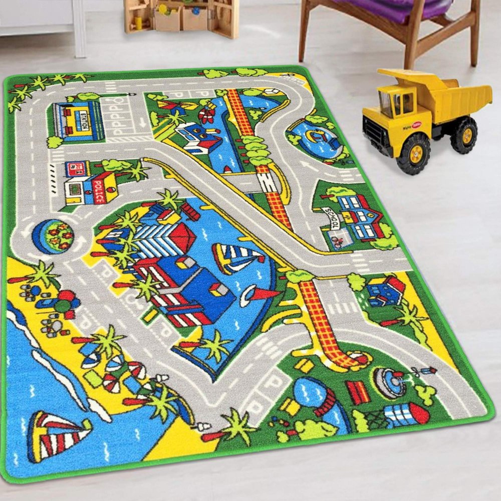 HR Kids Carpet Play Mat: City Life, Perfect for Playing with Cars and Toys on Harbor Map Streets - Non-Slip Rug in Blue, Yellow, and Multi Colors, Ideal for Imaginative Play