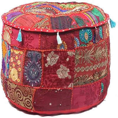 GANESHAM KLAVATE Indian Hippie Vintage Cotton Floor Pillow & Cushion Patchwork Bean Bag Chair Cover Boho Bohemian Hand Embroidered Handmade Pouf Ottoman (Red, 13" H x 22" Diam.(inch))