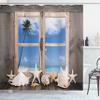 Ambesonne Beach Shower Curtain, Summer Holiday with Seashells Starfish and Palm Tree Ocean Print, Cloth Fabric Bathroom Decor Set with Hooks, 69" W x 84" L, Pale Brown Sky Blue view 1
