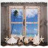 Ambesonne Beach Shower Curtain, Summer Holiday with Seashells Starfish and Palm Tree Ocean Print, Cloth Fabric Bathroom Decor Set with Hooks, 69" W x 84" L, Pale Brown Sky Blue view 2