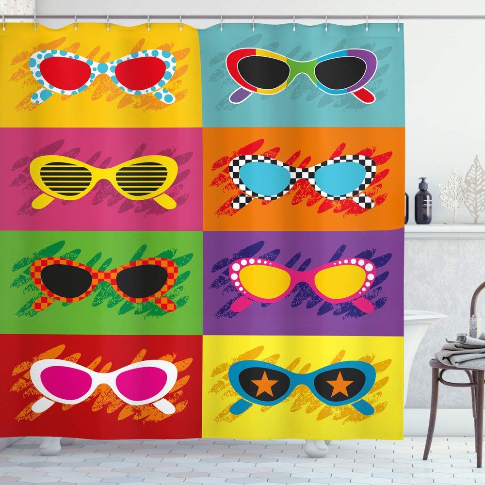 Ambesonne 70s Party Shower Curtain, Pop Art Style Sunglasses Vibrant Colorful Combination Summer Season Fun Art, Cloth Fabric Bathroom Decor Set with Hooks, 69" W x 84" L, Green Purple