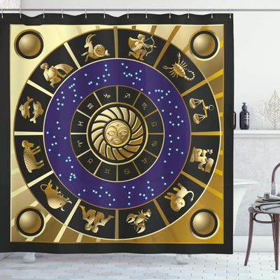Ambesonne Astrology Shower Curtain, Square Shape Inner Details Zodiac Horoscope and Constellations Art, Cloth Fabric Bathroom Decor Set with Hooks, 69" W x 84" L, Multicolor Indigo Cream