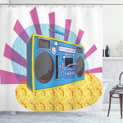 Ambesonne 70s Party Shower Curtain, Retro Boom Box in Pop Art Manner Dance Music Colorful Composition Artwork Print, Cloth Fabric Bathroom Decor Set with Hooks, 84" Extra Long, Purple Blue