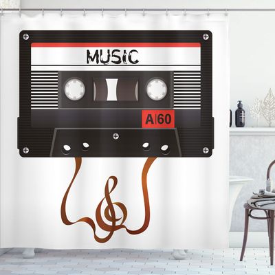 Ambesonne 70s Party Shower Curtain, Broken Analogue Audio Cassette Music Playing Record Vintage Technology, Cloth Fabric Bathroom Decor Set with Hooks, 69" W x 75" L, Orange Caramel White
