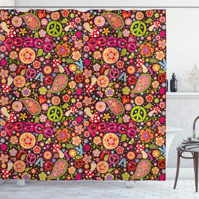 Ambesonne 70s Party Shower Curtain, Groovy Peace and Love Composition Hallucinatory Mushrooms Flowers Joyful Vivid, Cloth Fabric Bathroom Decor Set with Hooks, 69" W x 75" L, Multicolor