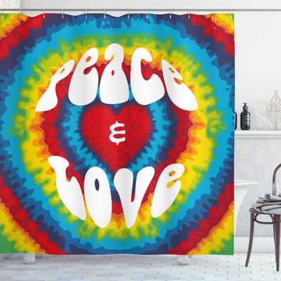 Ambesonne 70s Party Shower Curtain, Peace and Love Groovy Sixties Tie Dye Effect Heart Shaped Abstract Rainbow Print, Cloth Fabric Bathroom Decor Set with Hooks, 69" W x 84" L, Red Blue