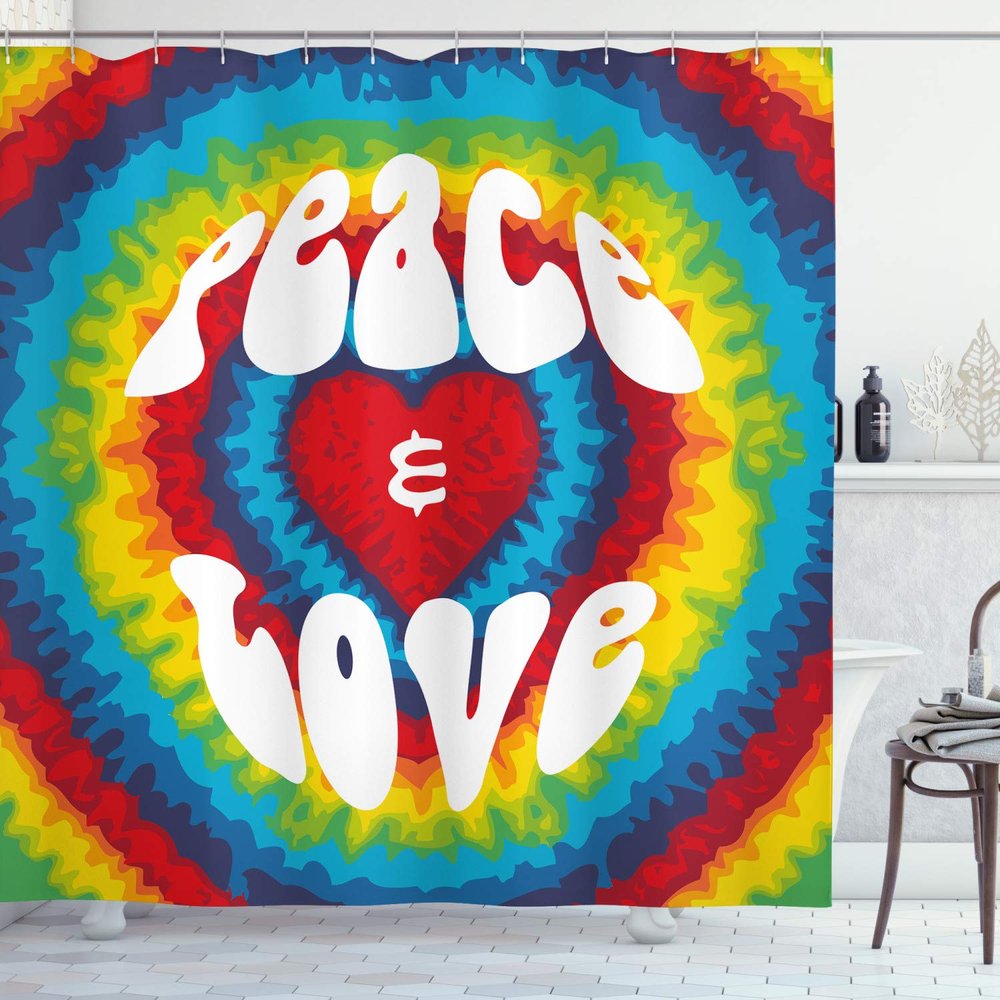 Ambesonne 70s Party Shower Curtain, Peace and Love Groovy Sixties Tie Dye Effect Heart Shaped Abstract Rainbow Print, Cloth Fabric Bathroom Decor Set with Hooks, 69" W x 84" L, Red Blue